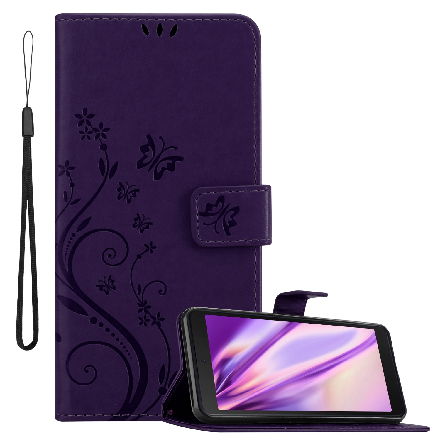 Custodia per telefono viola in stile libro con un telefono. Un design floreale è sulla parte anteriore.