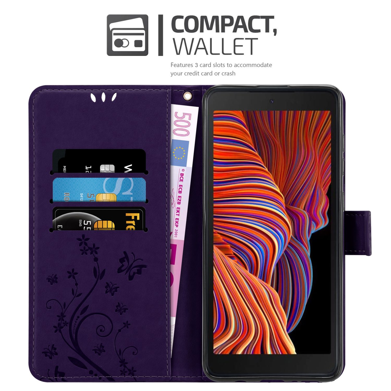 Una custodia a portafoglio per telefono viola con fessure per carte e denaro. Il telefono è nero.