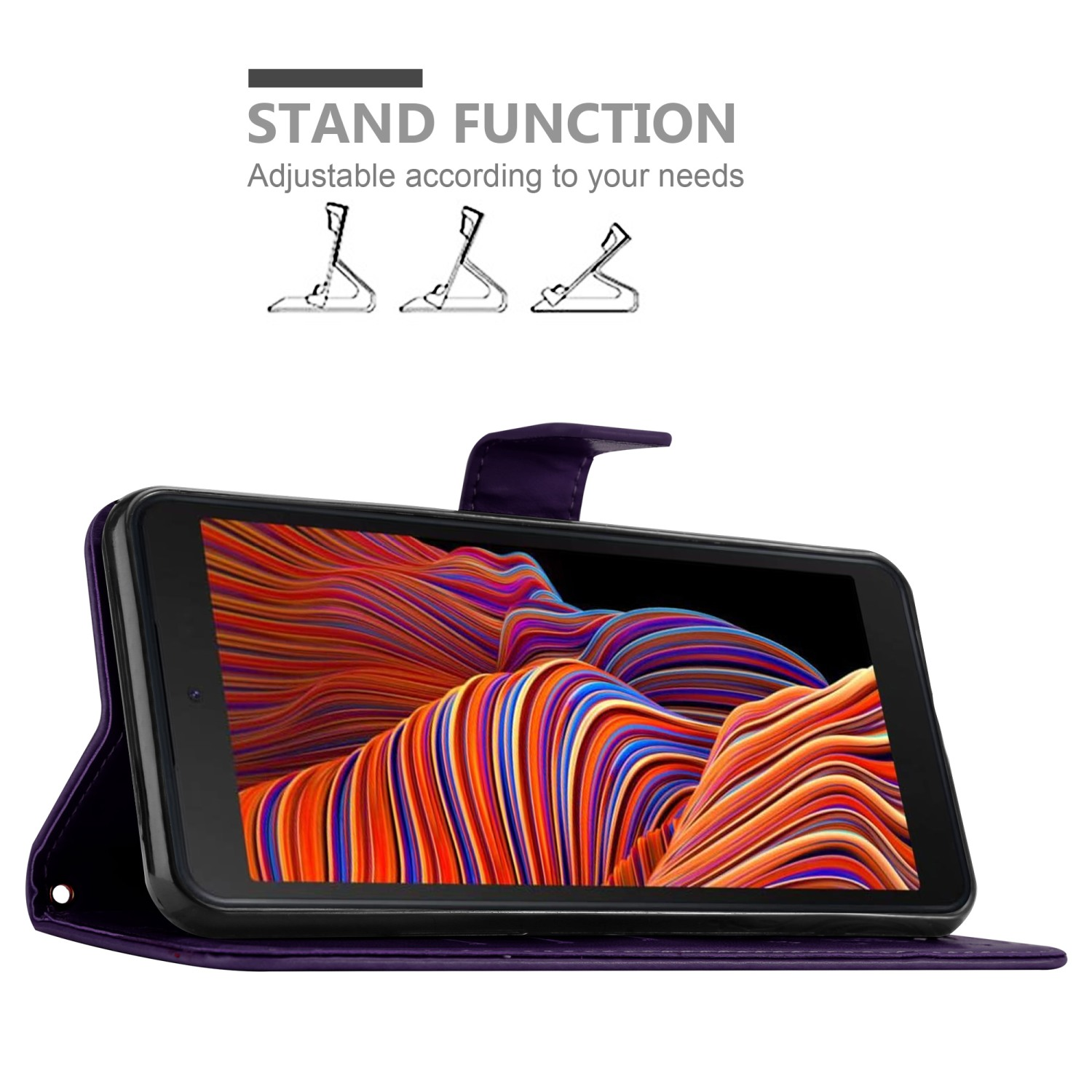Tablet in una custodia viola, aperto e in piedi. Mostra lo schermo con una funzione di supporto.