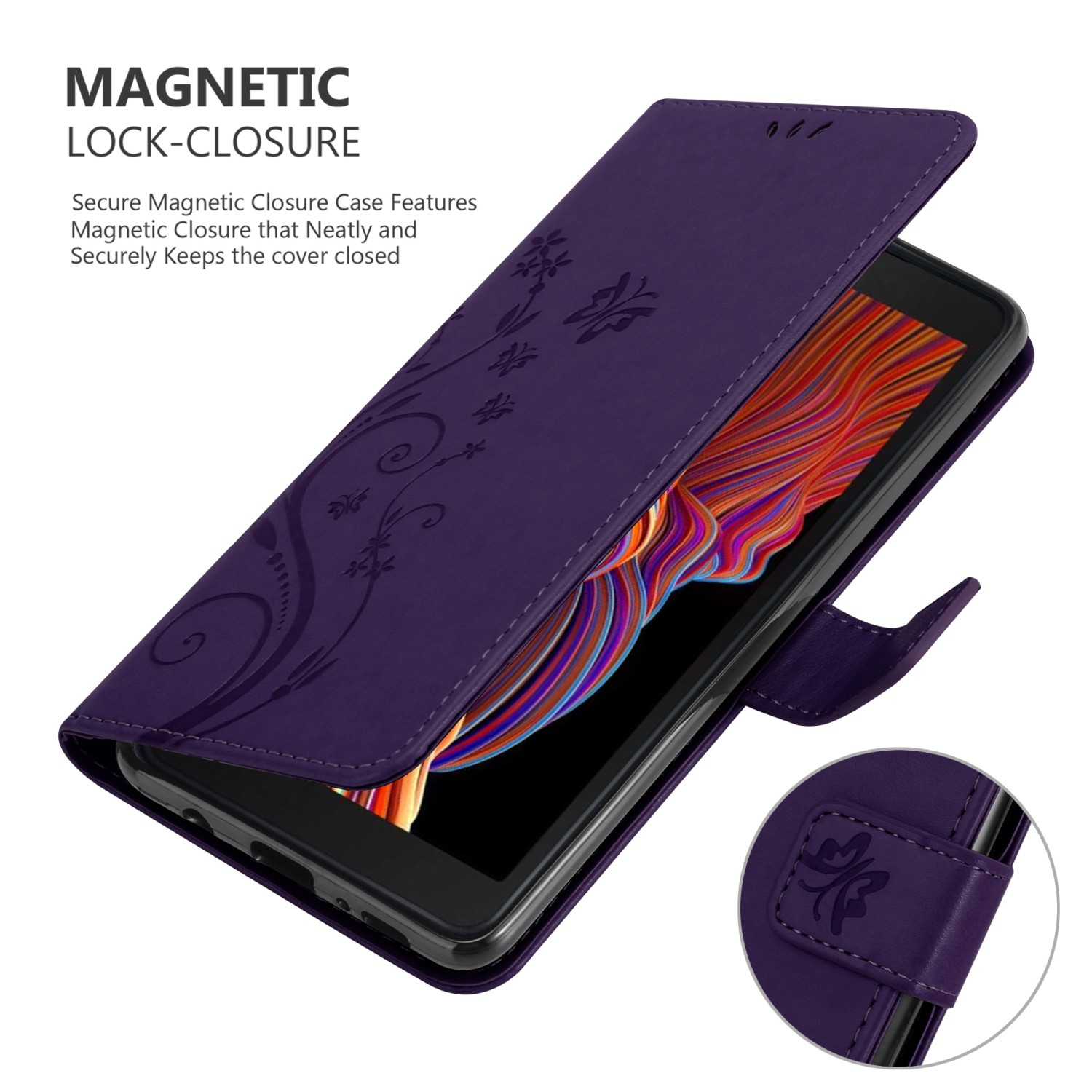 Custodia per telefono viola, aperta, che mostra il telefono con un design floreale. Chiusura magnetica mostrata.
