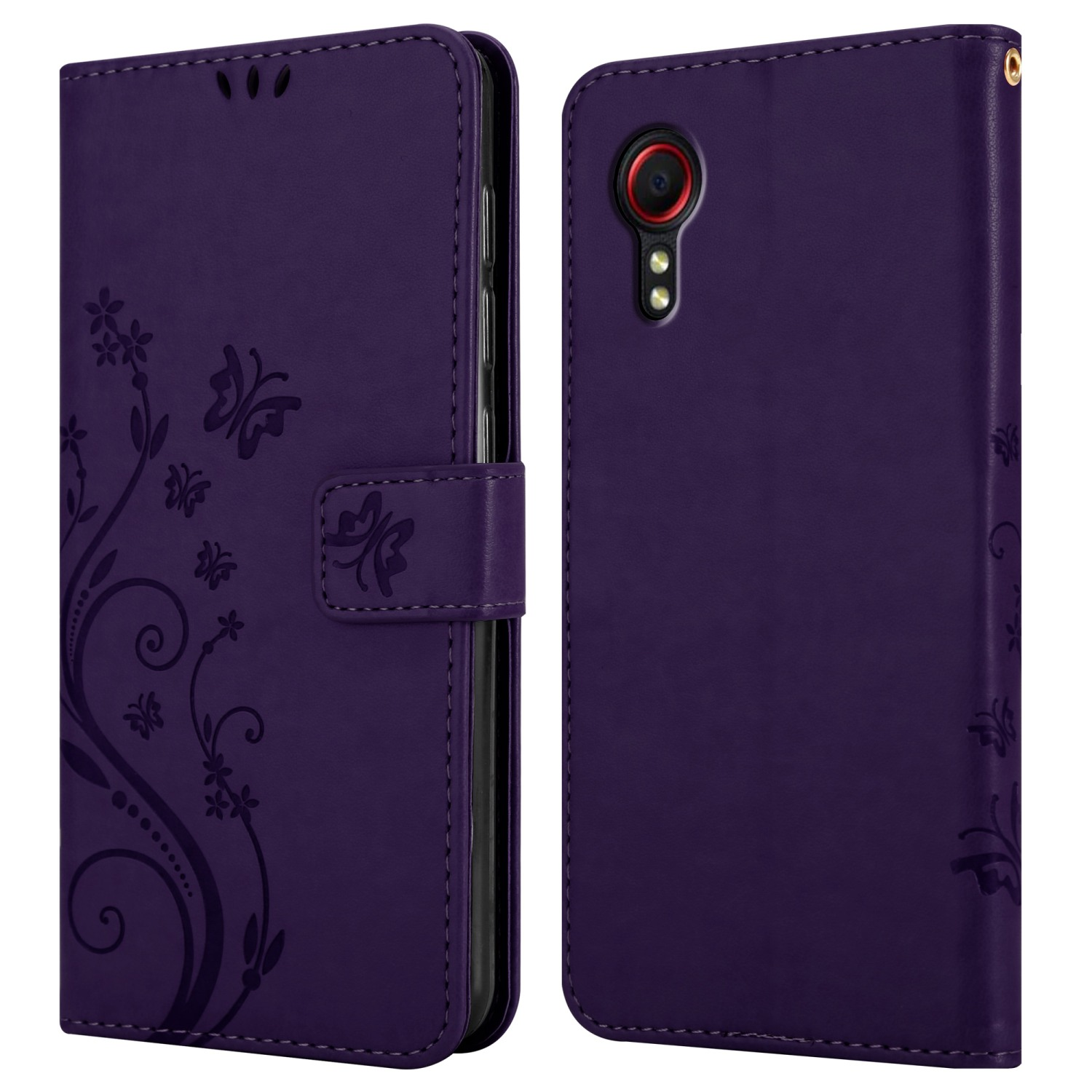 Custodia per telefono viola, aperta e chiusa, con design floreale sulla copertina anteriore.