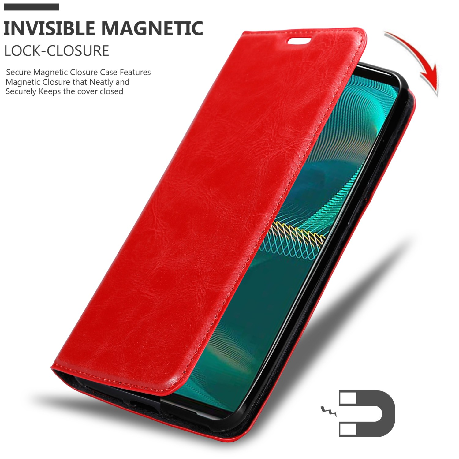 Custodia rossa per telefono, aperta, che mostra il telefono all'interno. Testo: Chiusura magnetica invisibile.