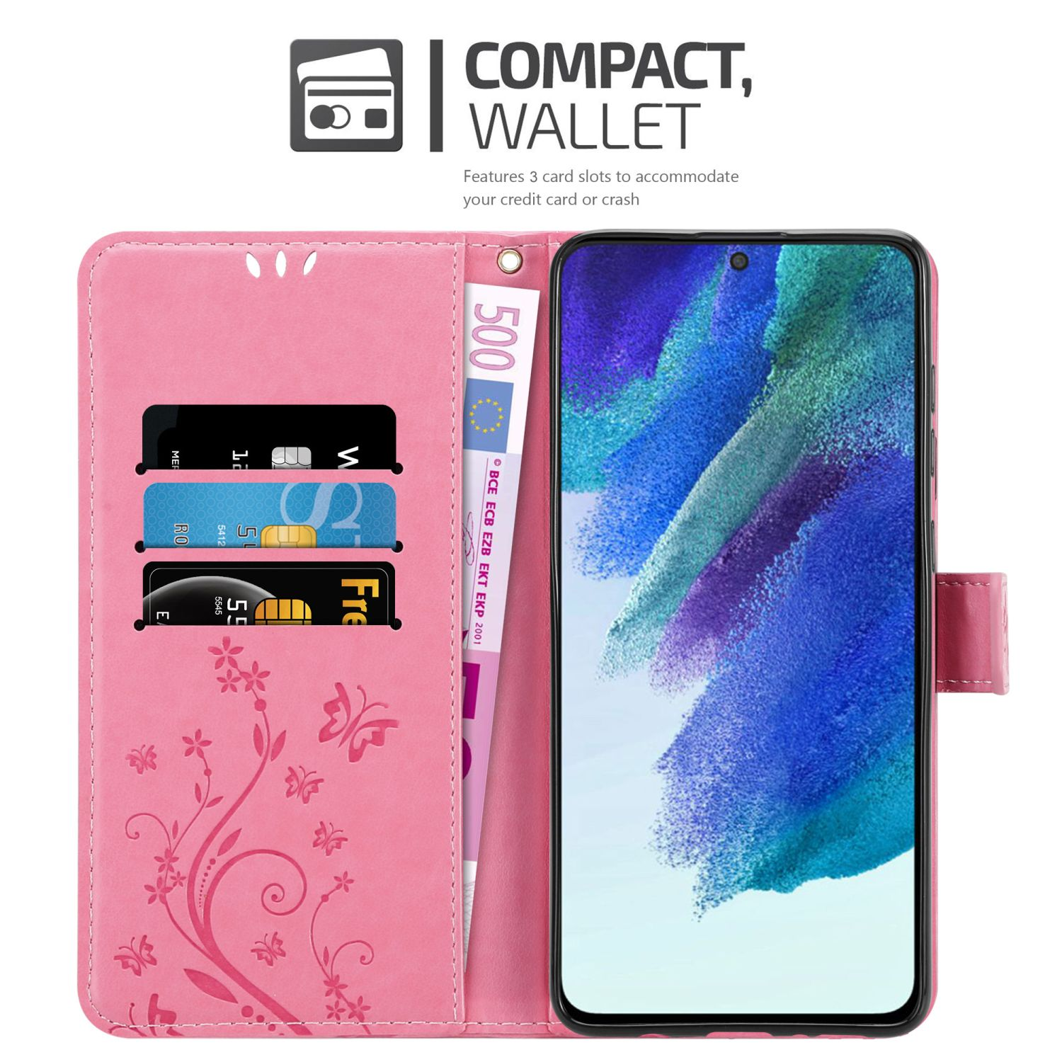Una custodia a portafoglio rosa per telefono, con carte e una banconota da 500 euro, con design floreale.