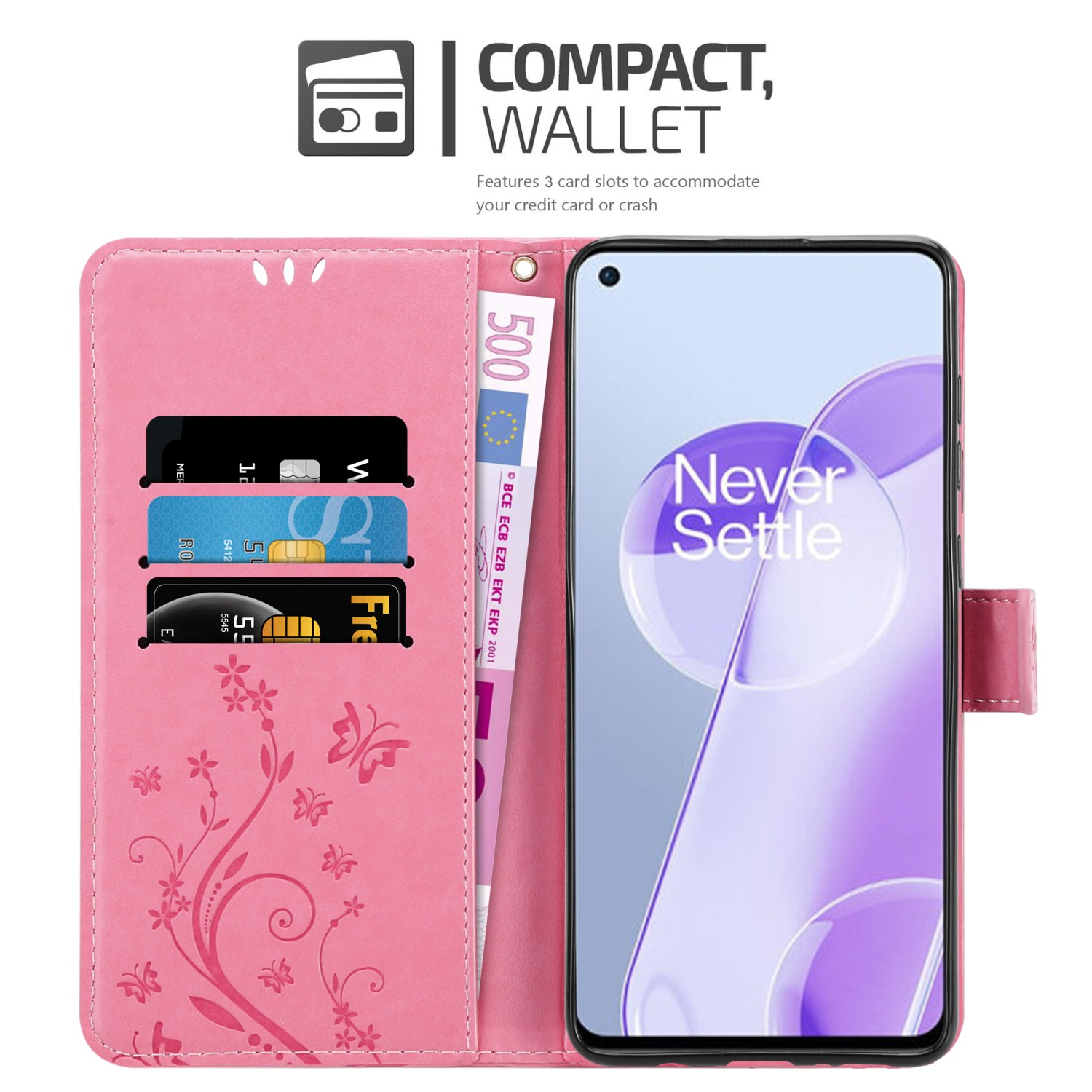 Custodia per telefono rosa aperta. Telefono con schermo, carte e banconote in euro visibili.