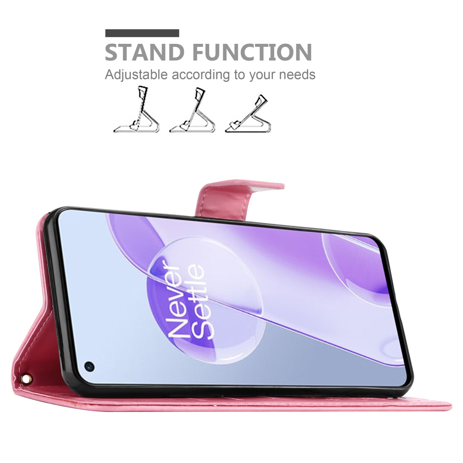 Custodia per telefono rosa con telefono dentro. Il telefono ha le parole "Never Settle" sullo schermo.