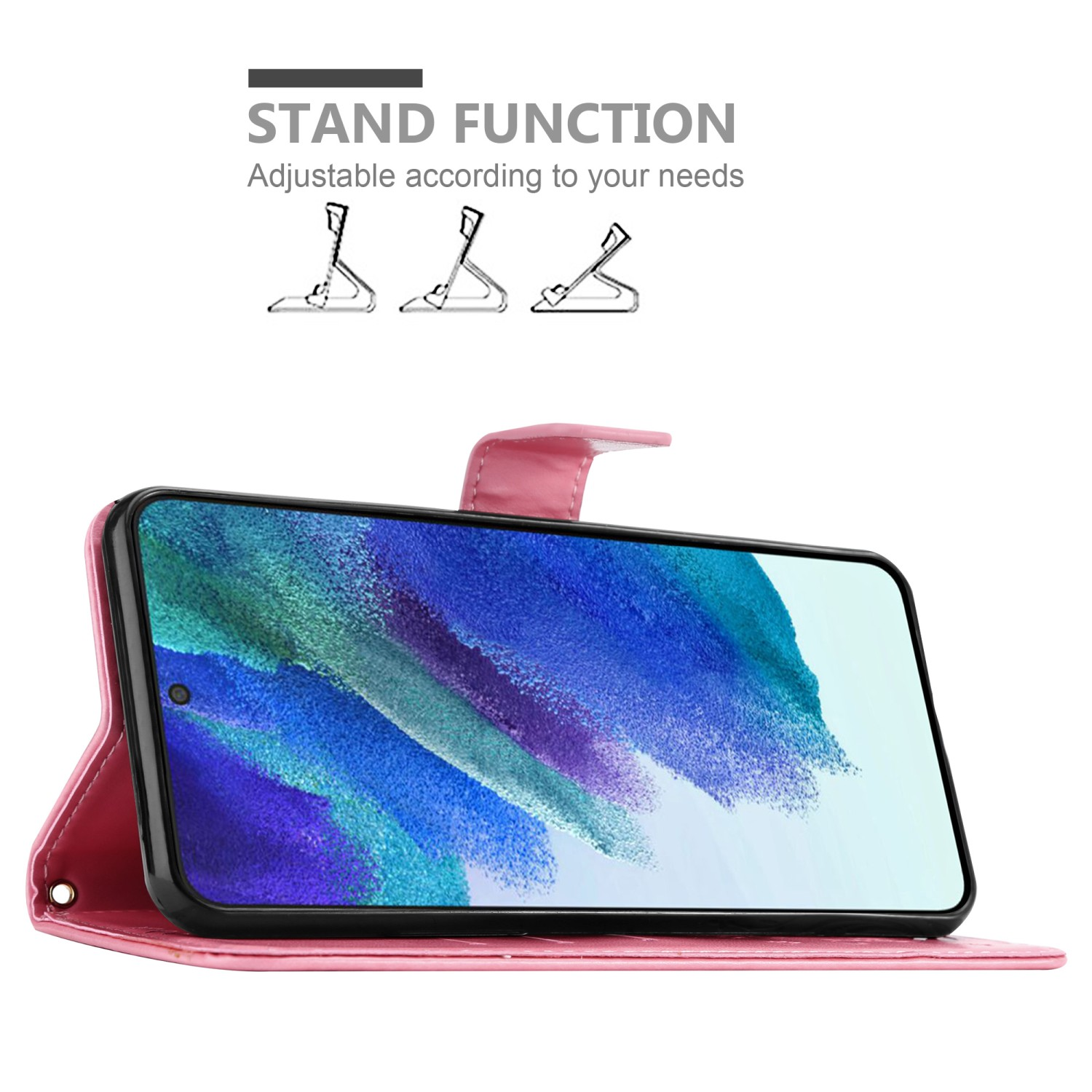 Custodia per telefono rosa aperta, che mostra lo schermo con una funzione di supporto.