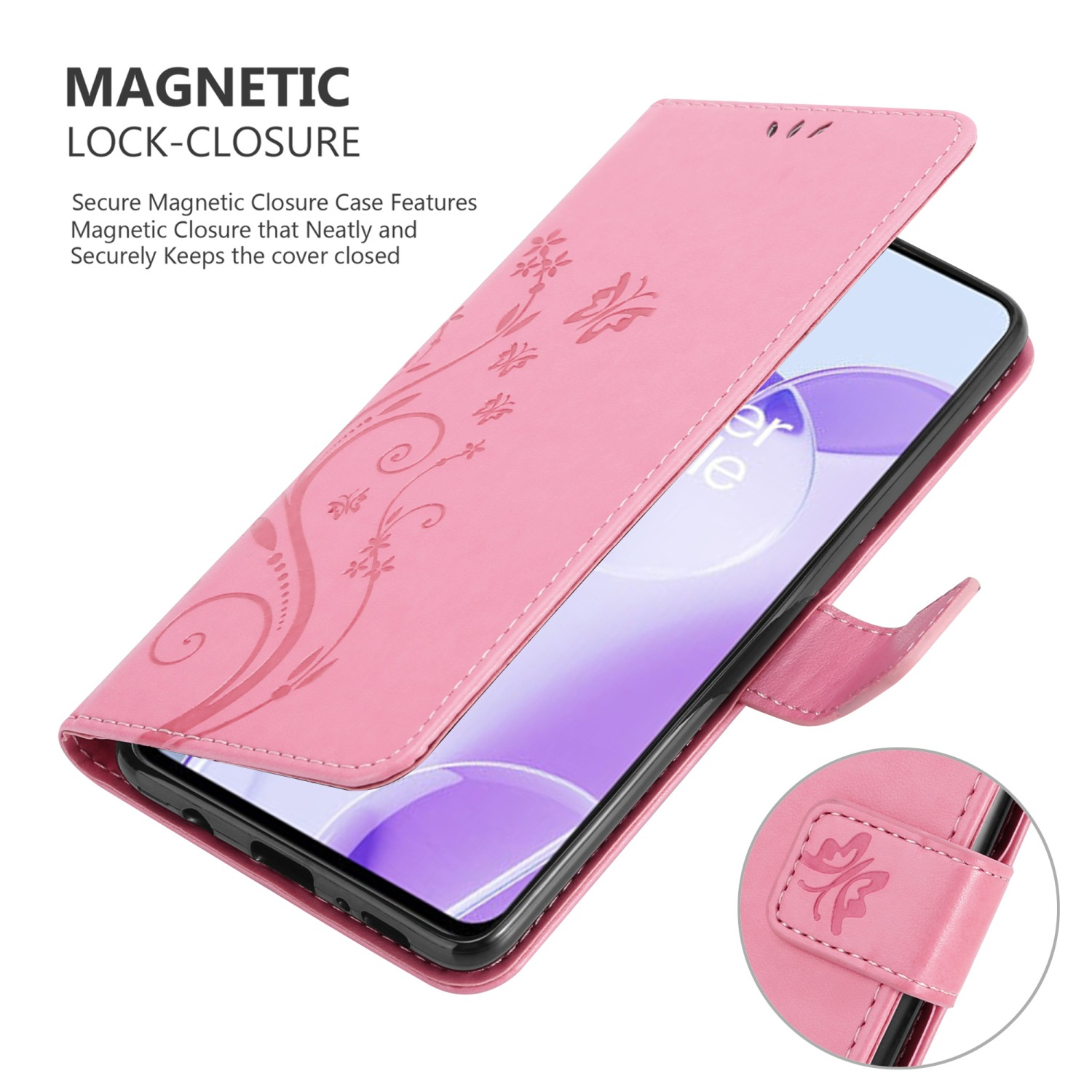 Custodia rosa con design floreale, aperta per rivelare il telefono.