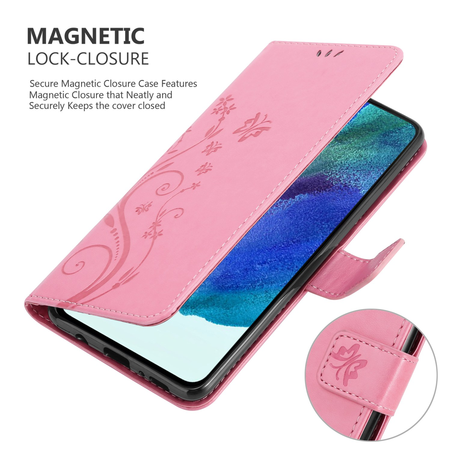 Una custodia per telefono rosa, aperta, con un design floreale. Il testo dice "CHIUSURA A BLOCCO MAGNETICO".