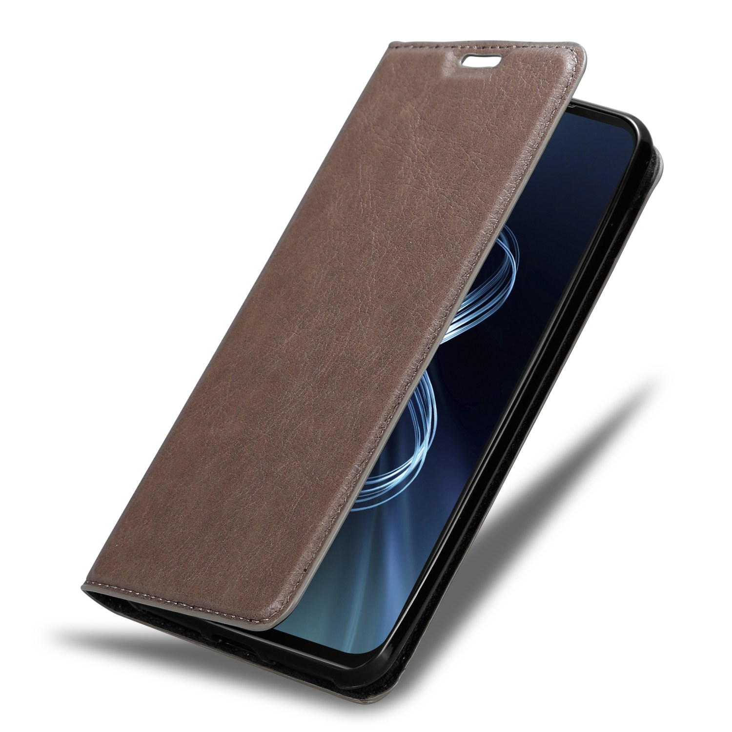 Braune Leder-Handyhülle, geöffnet mit teilweise sichtbarem Telefon. Weißer Hintergrund.
