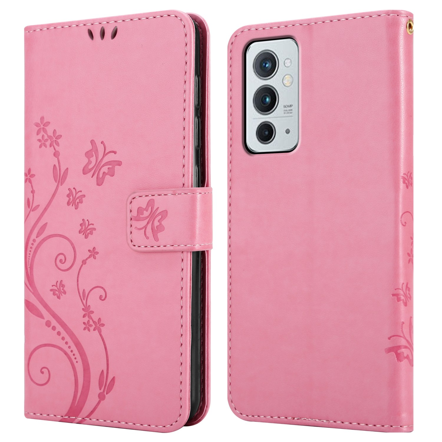 Custodia rosa aperta. Design floreale a sinistra, telefono con tripla fotocamera.