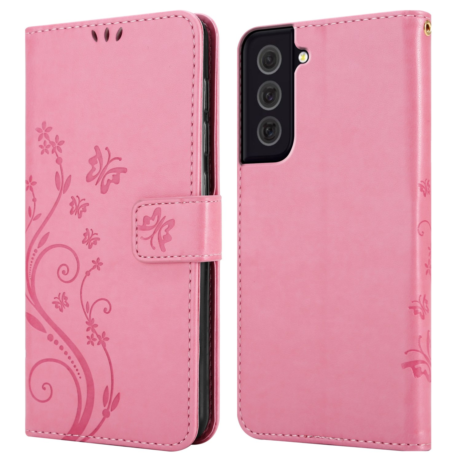 Custodia per telefono rosa aperta. La custodia è rosa con un motivo floreale. Il telefono è visibile.