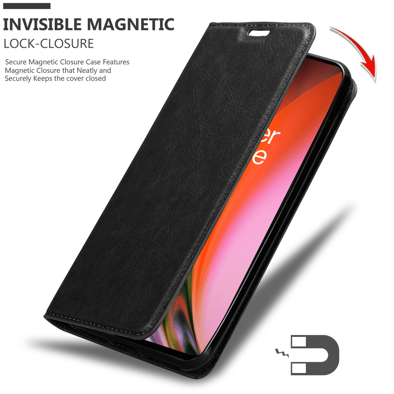 Custodia nera aperta con telefono. Chiusura magnetica.