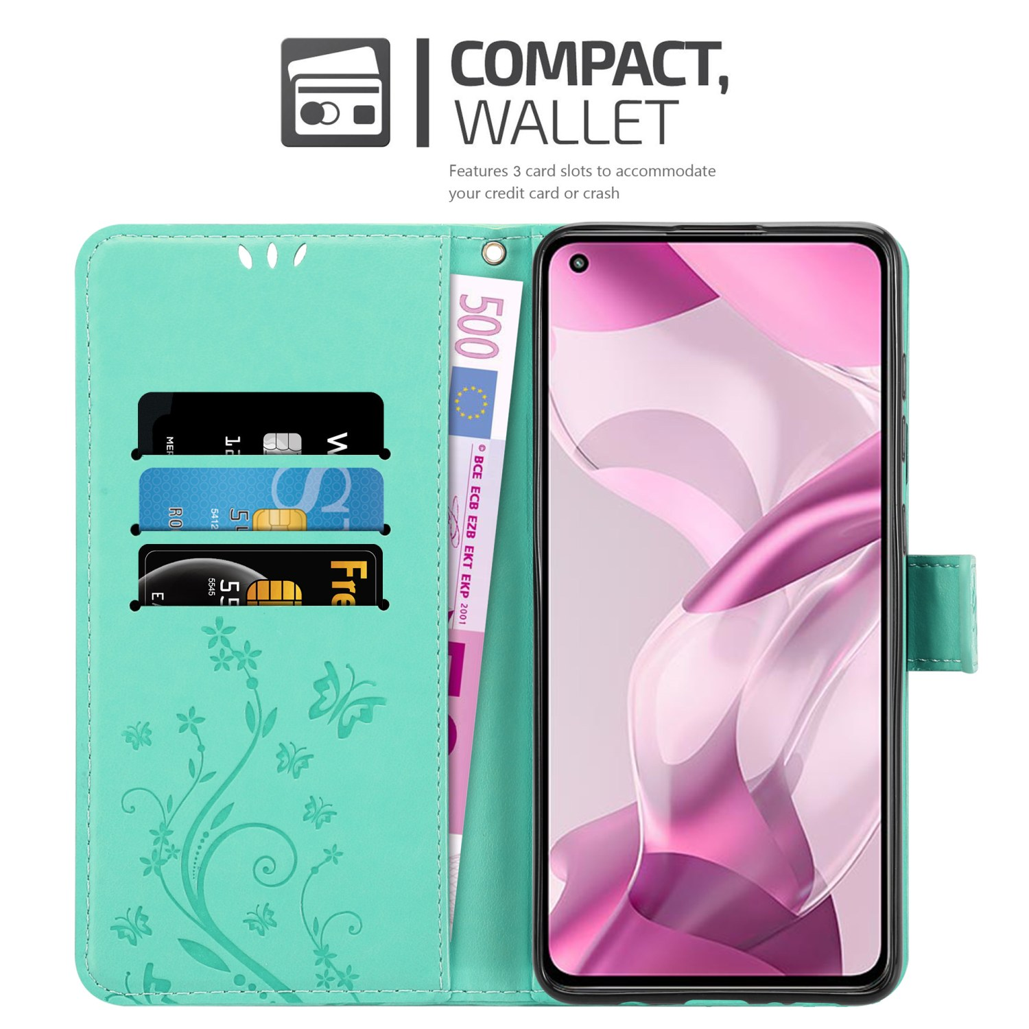 Custodia telefono turchese aperta con carte e denaro. Schermo mostra fiori rosa.
