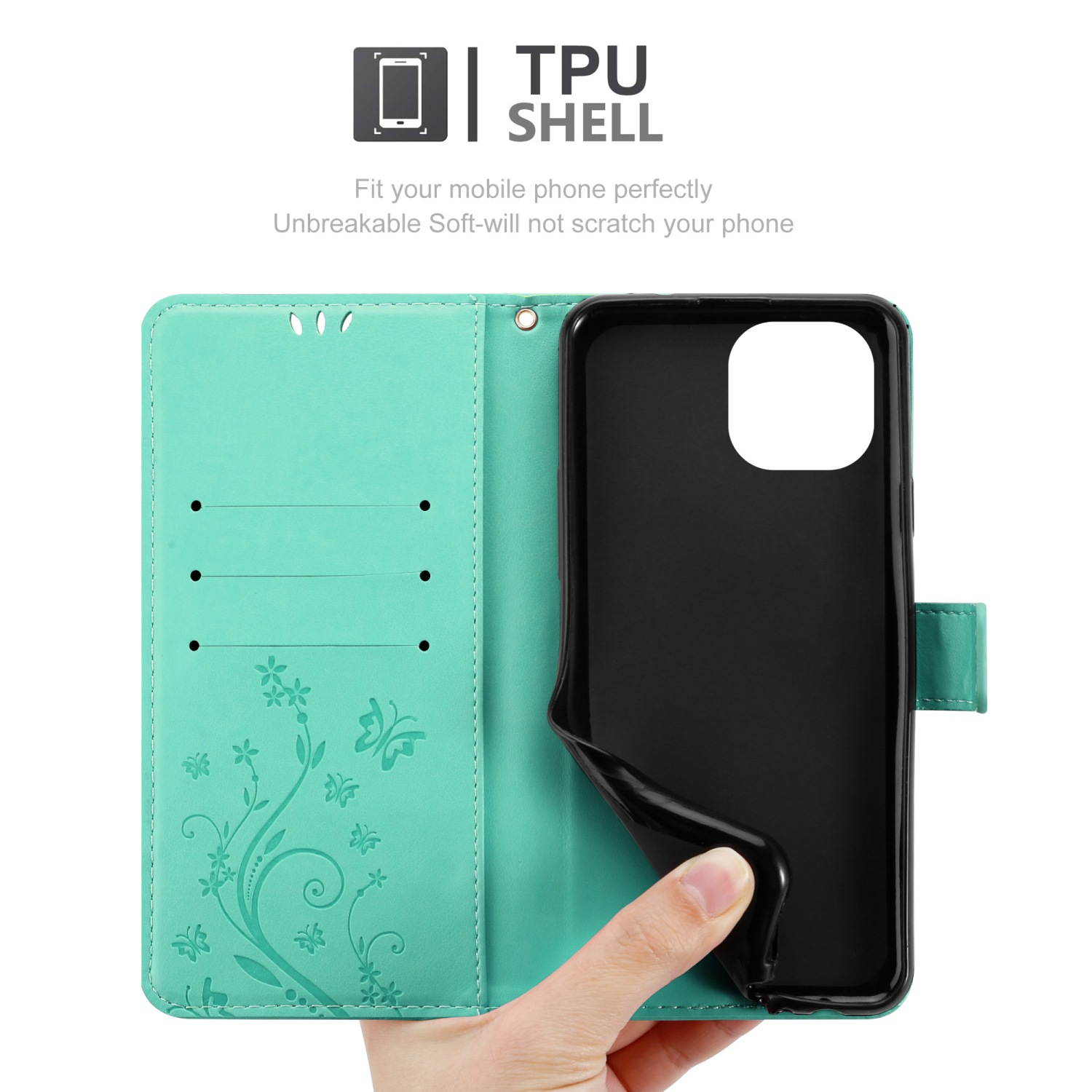 Custodia per telefono turchese aperta con una mano che tiene il telefono nero. Interno con design floreale.
