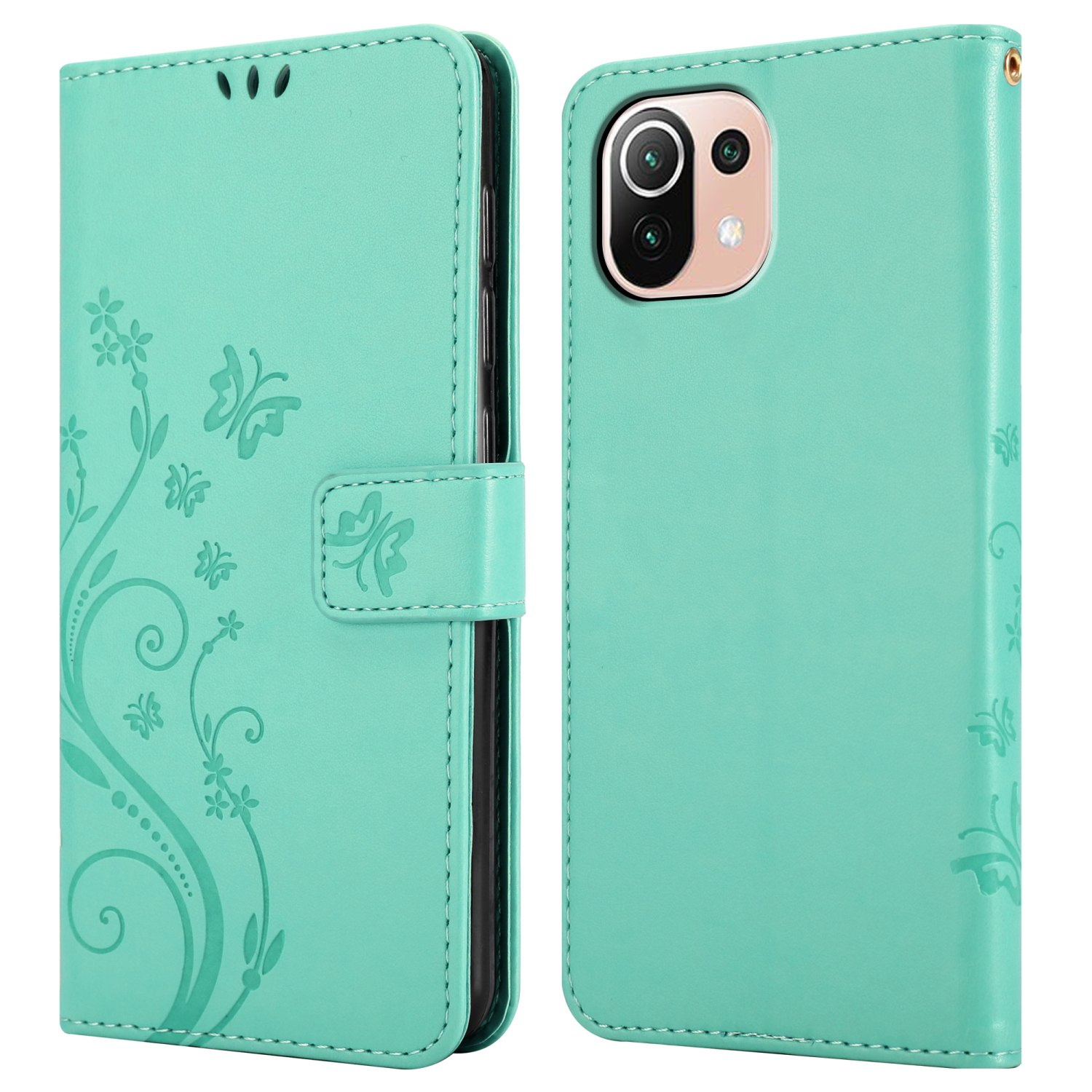 Custodia per telefono verde acqua con un design floreale e farfalle.
