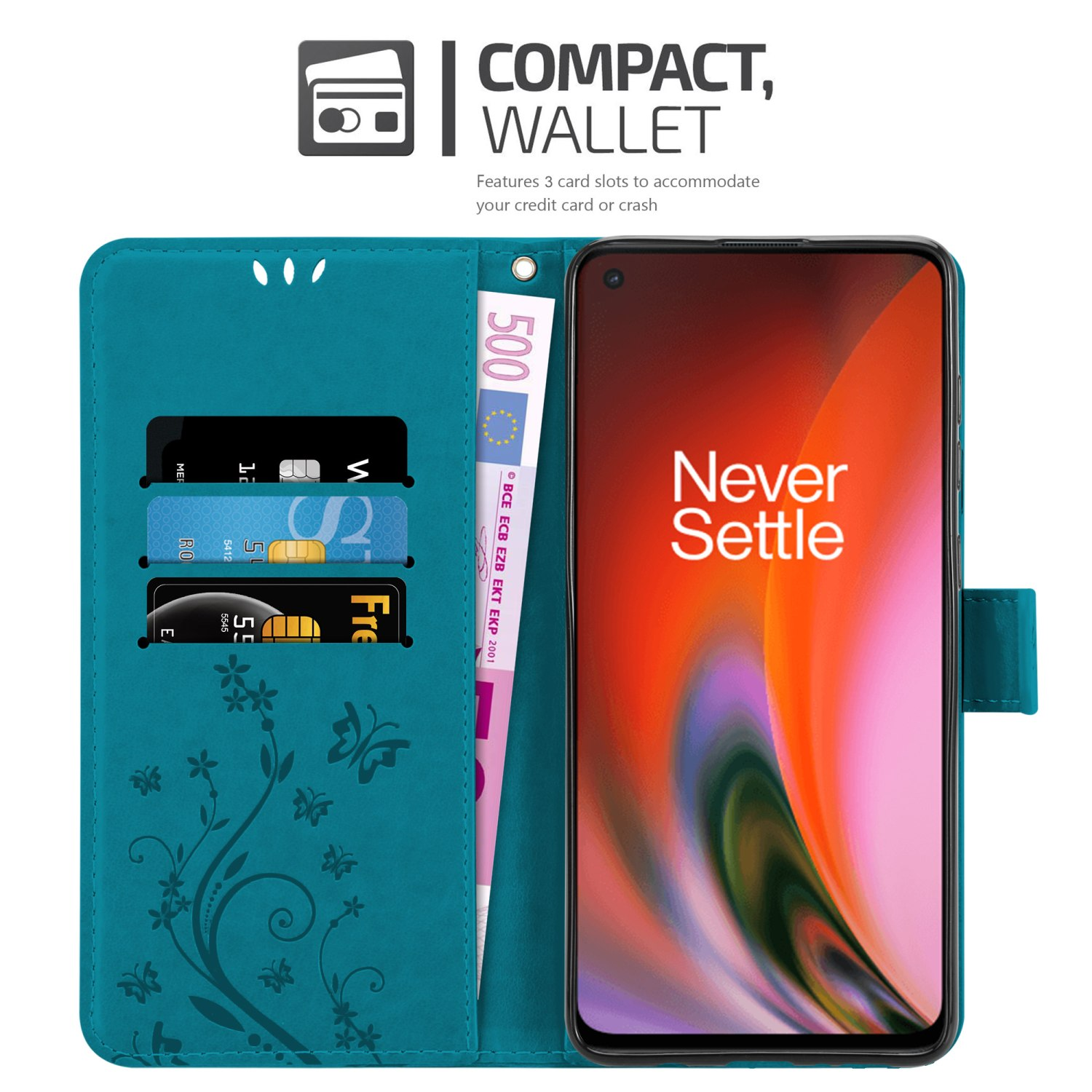 Portafoglio per telefono turchese con fessure per carte e telefono. Presenta un design floreale e farfalla.