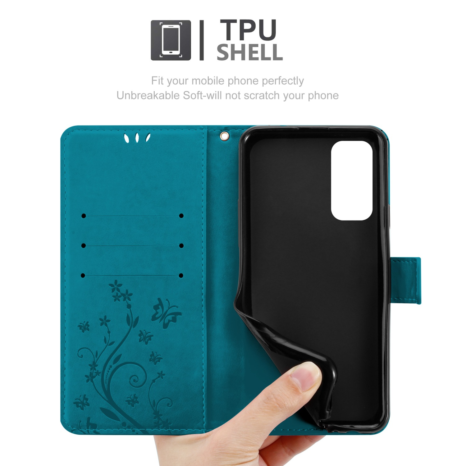 Custodia per telefono color teal aperta, che mostra l'interno con slot per carte e un telefono. Testo: TPU SHELL.