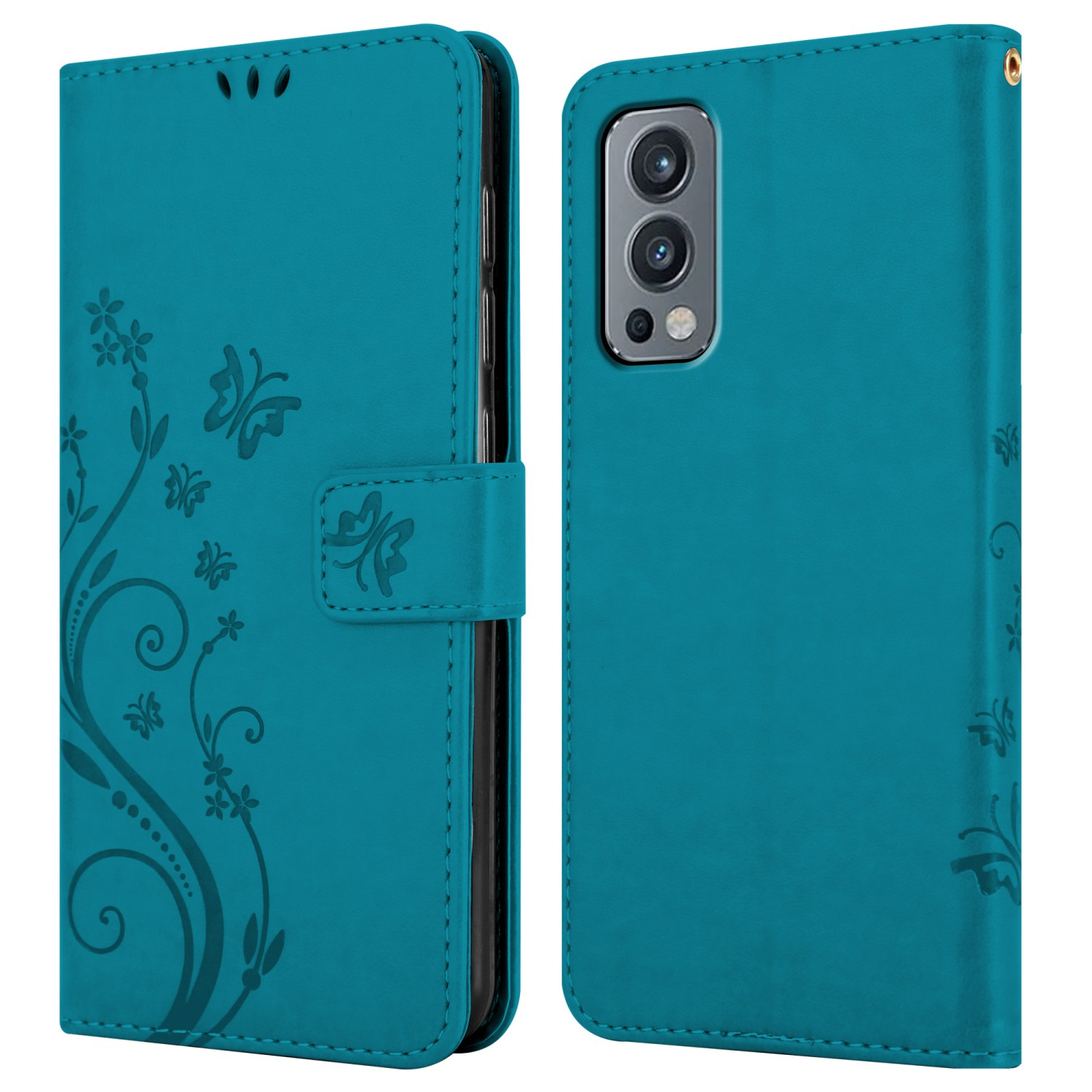 Una custodia per telefono verde acqua, aperta, che mostra un telefono. Presenta motivi a farfalla e floreali. Ha una doppia vista.