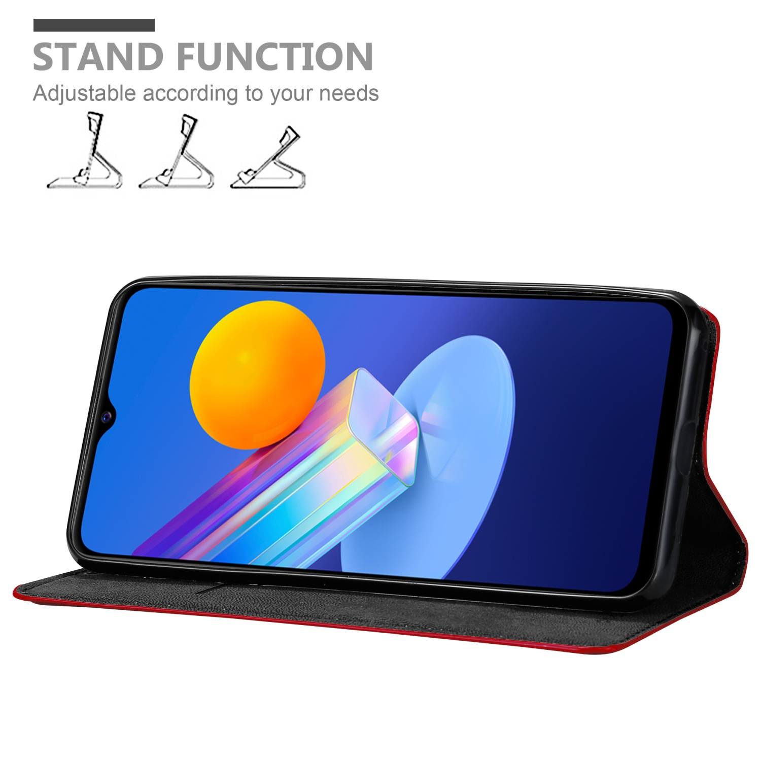 Telefono in custodia rossa, schermo con design astratto. Include la funzione stand.