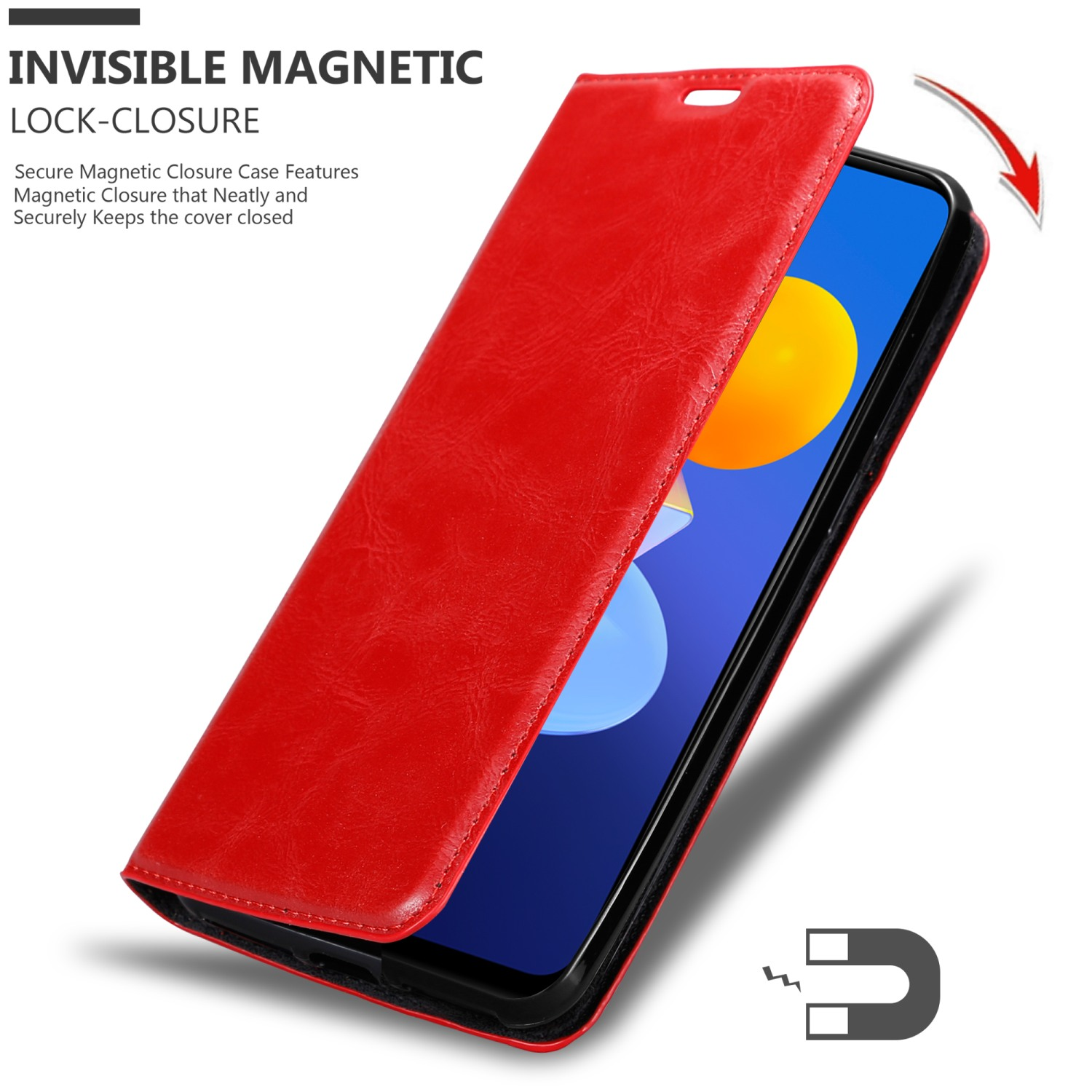 Custodia per telefono rossa. Aperta, che mostra il telefono all'interno. Dettagli del testo 'Chiusura a blocco magnetico invisibile'.