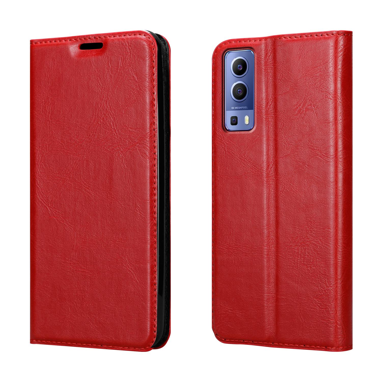 Custodia per telefono in pelle rossa, viste aperta e chiusa. Bordo nero e dettagli di cucitura.