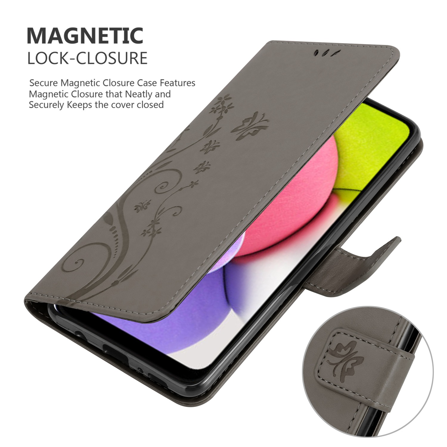 Custodia grigia per telefono aperta. Presenta un design floreale. Lo schermo del telefono è visibile.