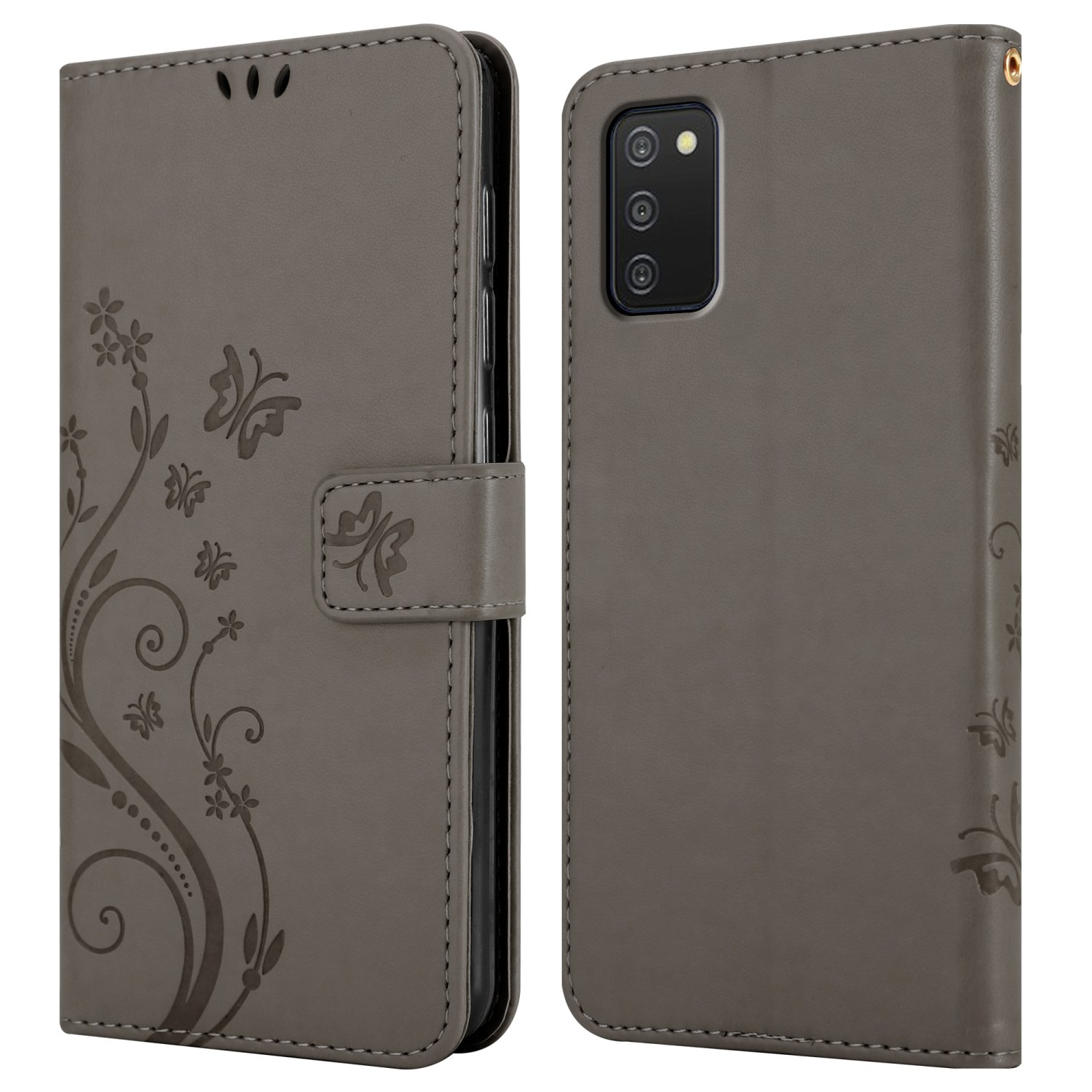 Una custodia nera per telefono con telefono all'interno, accento color cammello e un magnete.