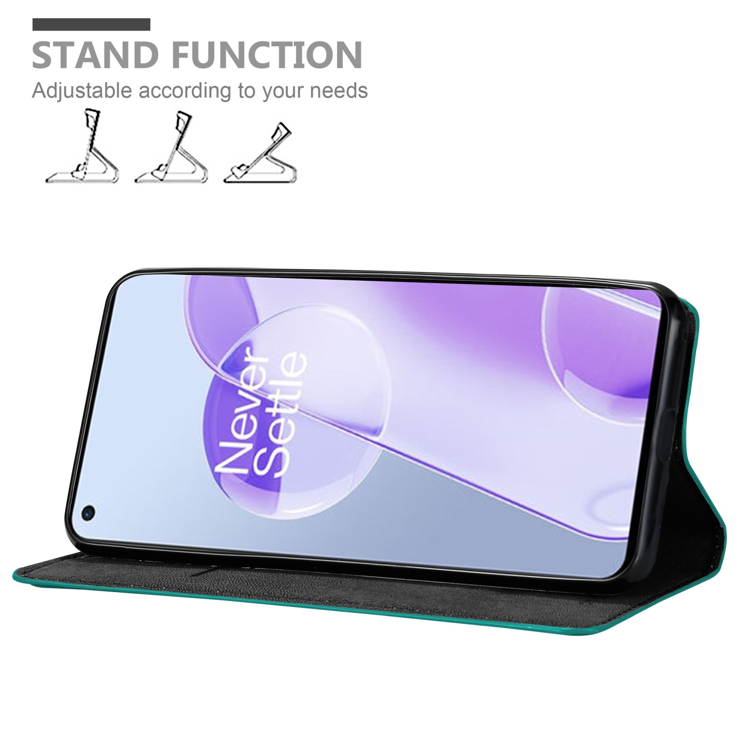 Custodia teal con funzione stand. Il telefono mostra uno sfondo viola e bianco.