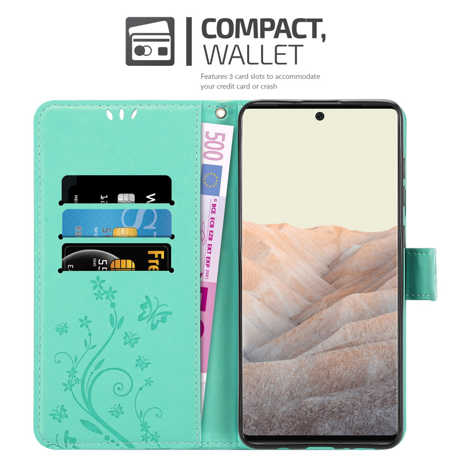 Un portafoglio per custodia del telefono color teal con fessure per carte e una banconota visibile, che mostra un design compatto.