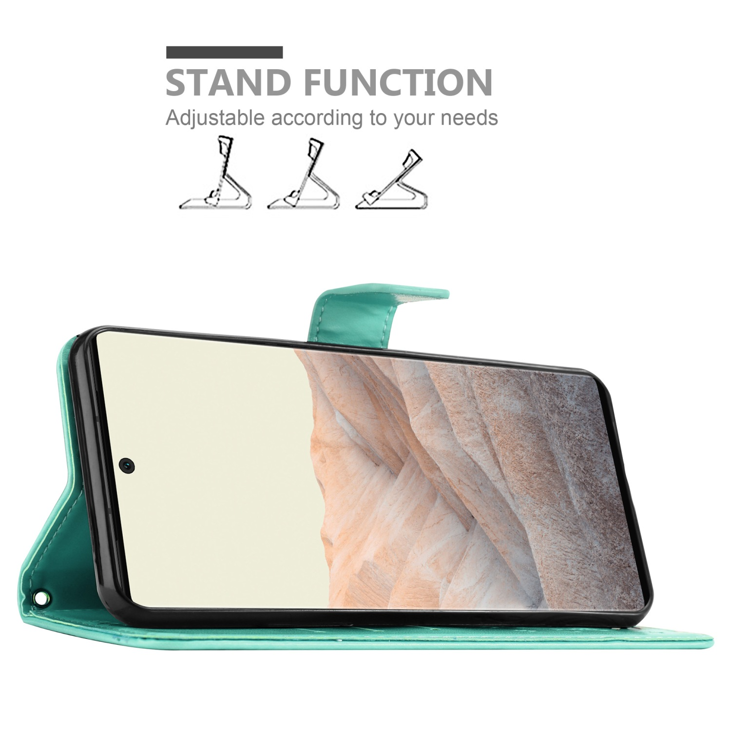 Custodia turchese con telefono in modalità stand. La custodia è di colore turchese.