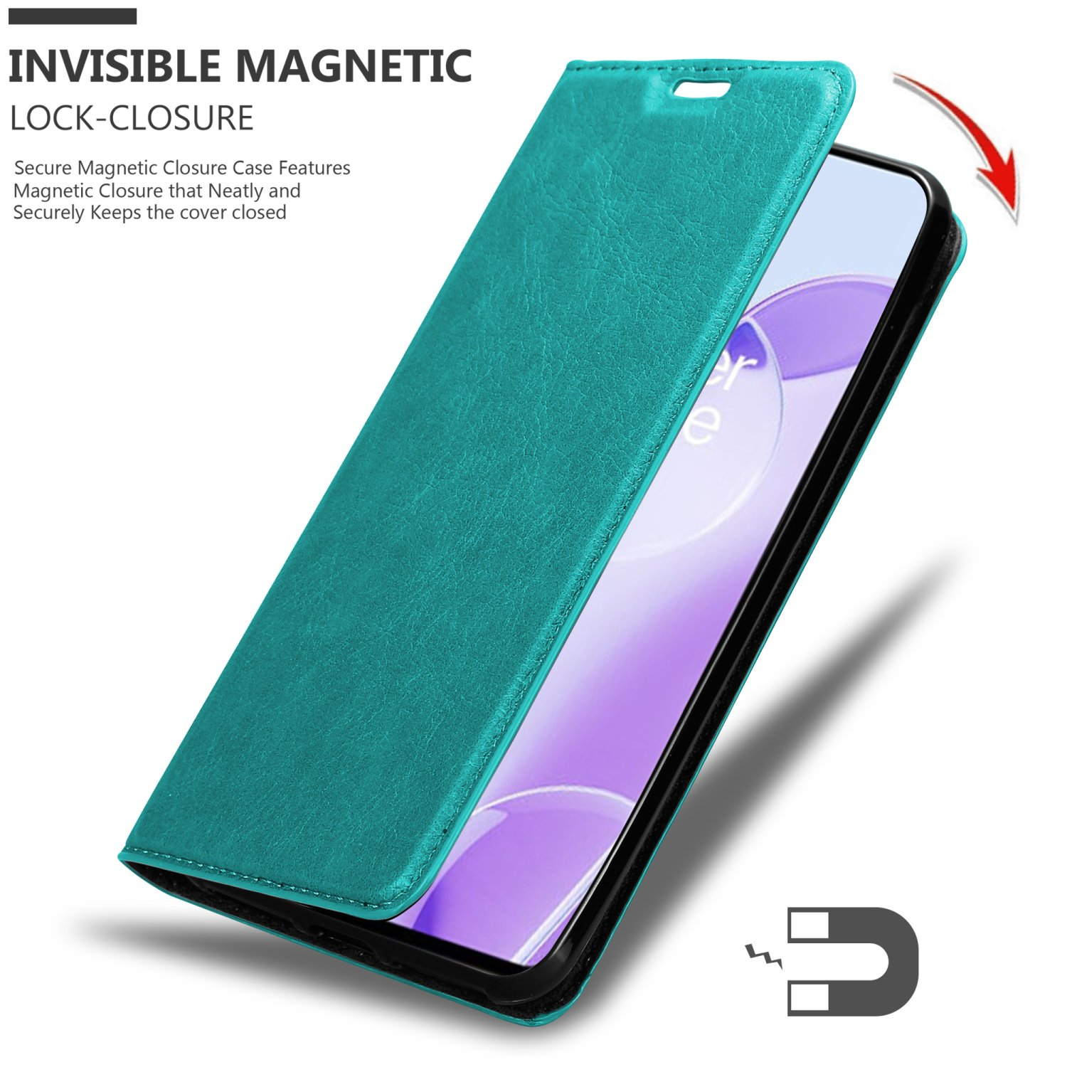 Una custodia per telefono turchese è aperta, rivelando un telefono. Un cartello magnetico è sotto.