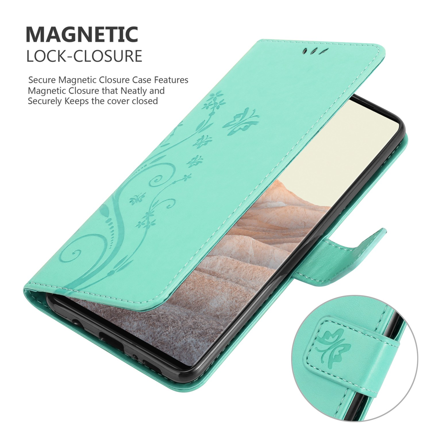 Una custodia verde menta aperta, che mostra un telefono con un design floreale e il testo 'Magnetic Lock-Closure'.