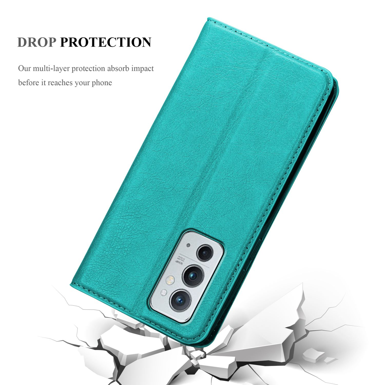 Custodia per telefono verde acqua con un telefono all'interno, che rompe una superficie. Il testo indica protezione dalle cadute.