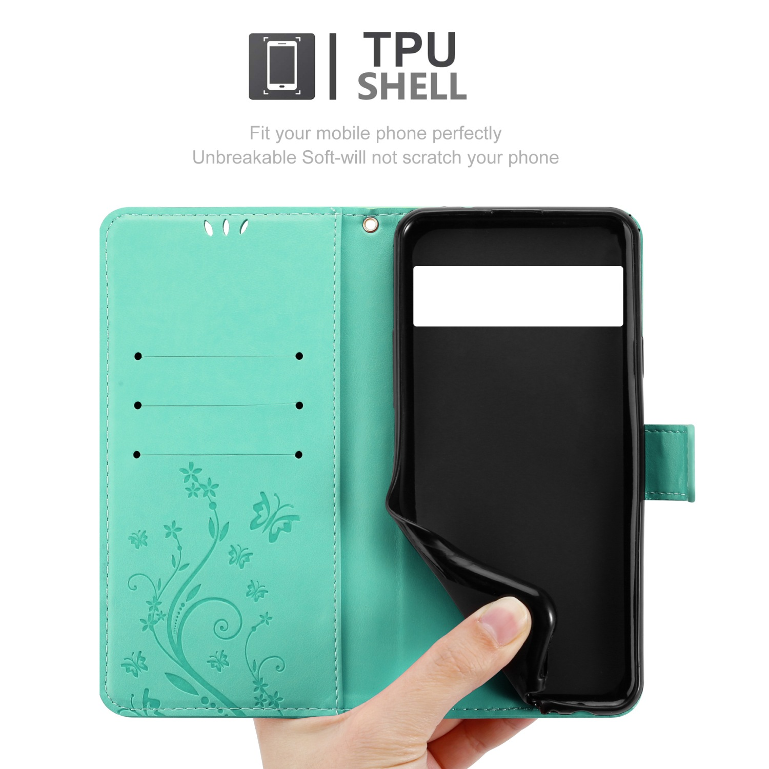 Una custodia per telefono verde acqua, aperta, con un telefono all'interno. Testo: Guscio in TPU. Morbido, non graffierà il telefono.