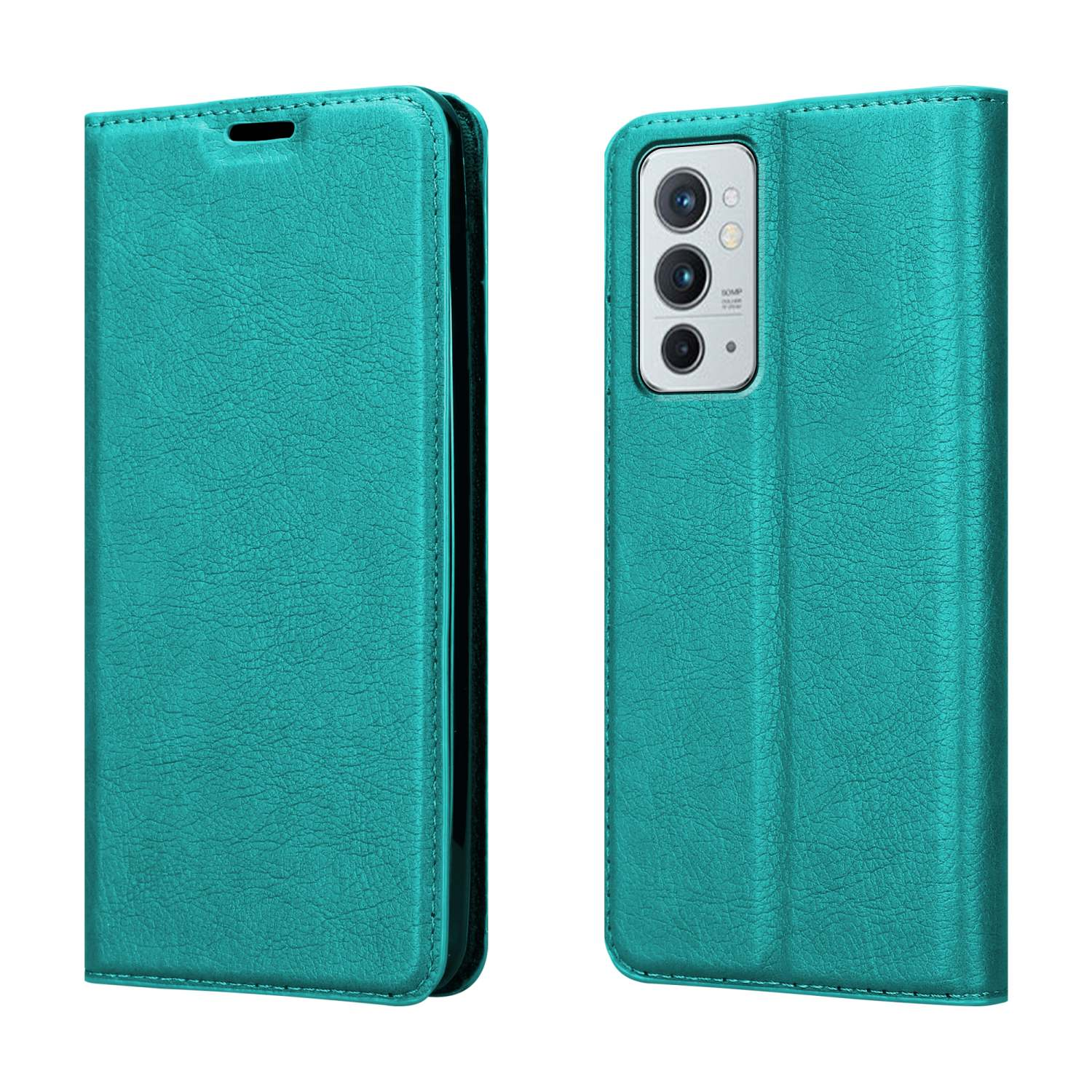 Custodia per telefono turchese, aperta e chiusa. Un telefono è visibile. La custodia ha una superficie strutturata.