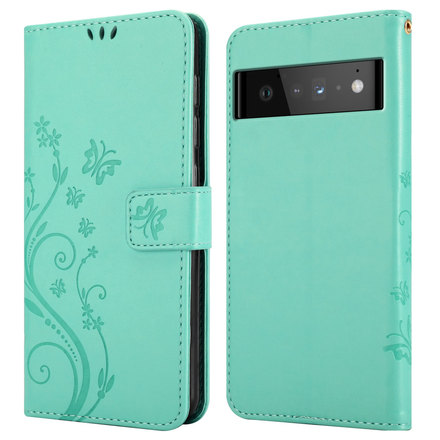 Custodia per telefono verde menta, aperta. Decorata con farfalle. Sfondo bianco.