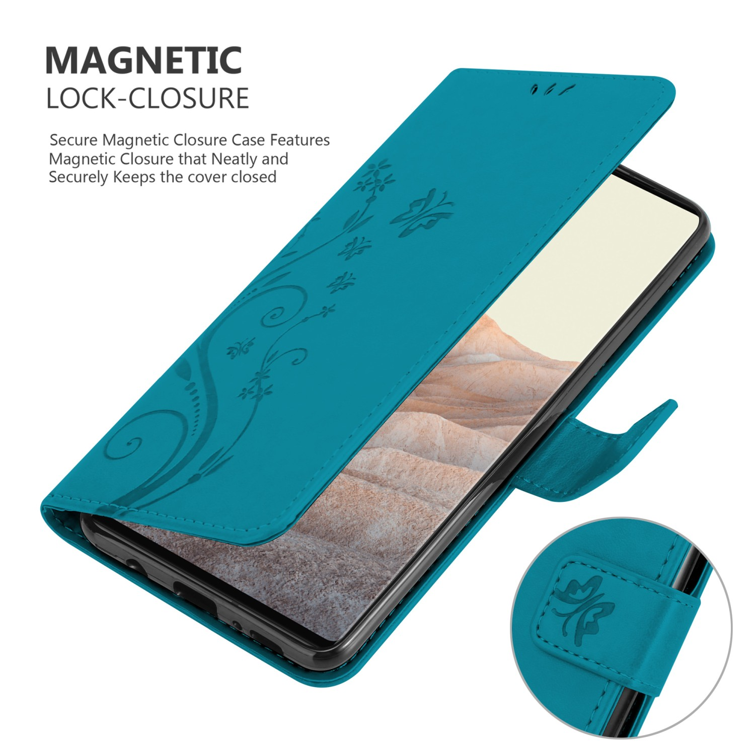Una custodia per telefono verde acqua con un design floreale decorativo e chiusura magnetica. Lo schermo del telefono è visibile.