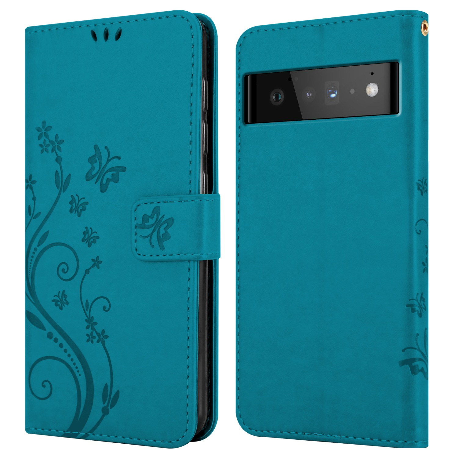 Custodia per telefono turchese, design floreale, farfalle, aperta. Telefono visibile. Due viste.