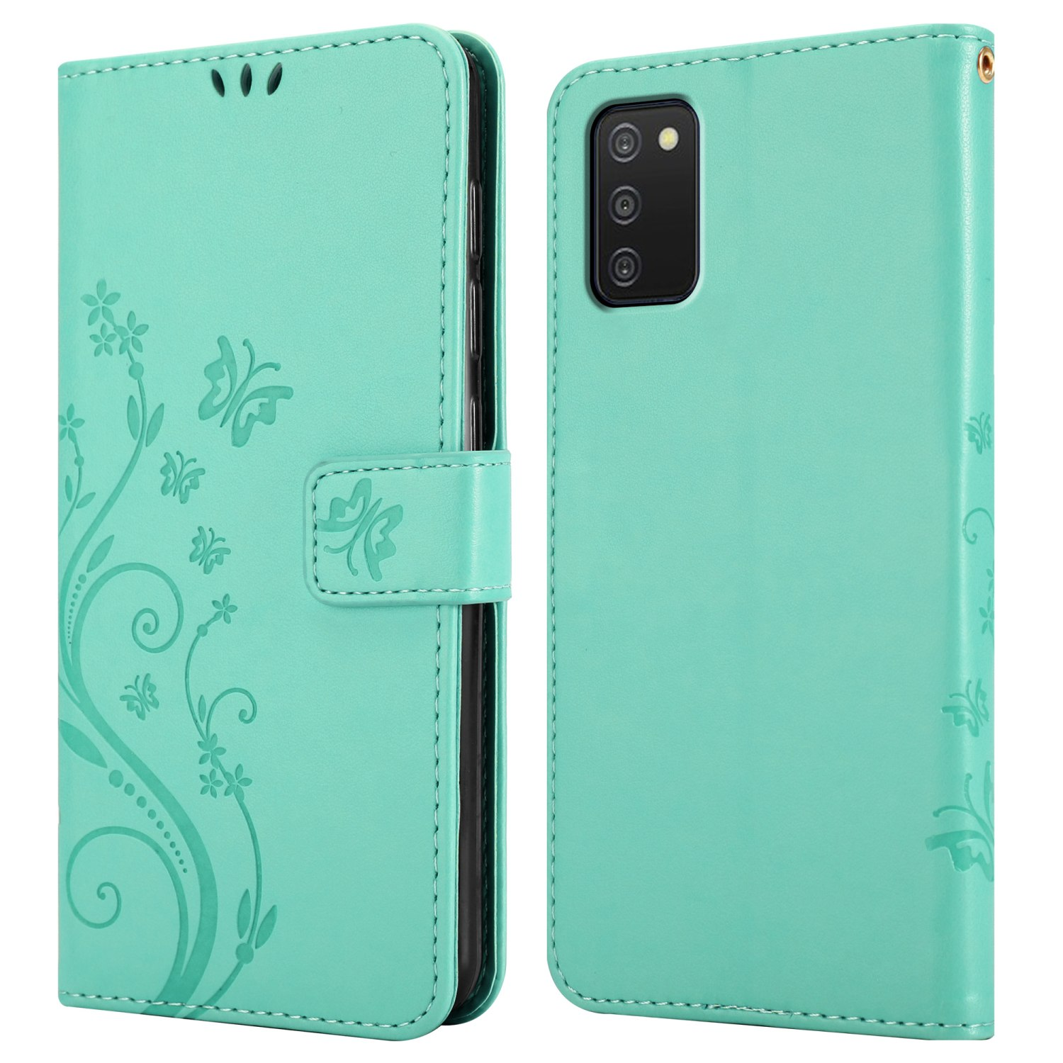 Custodia per telefono verde menta, con design floreale, aperta a sinistra.