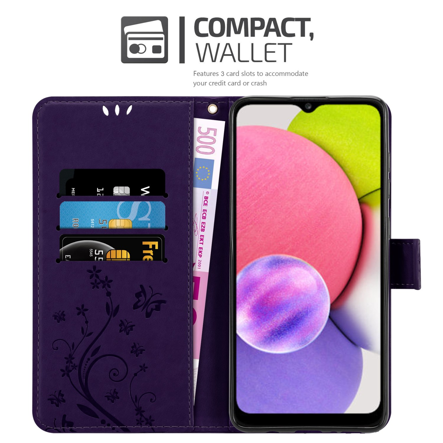 Custodia per telefono viola aperta, che mostra carte, denaro e telefono. Testo: COMPACT, WALLET.
