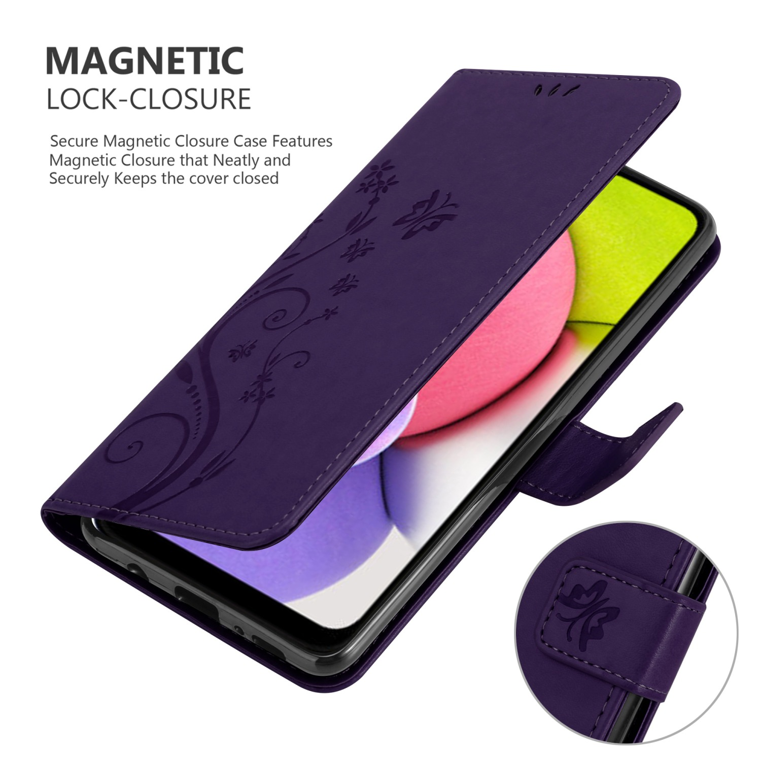 Custodia viola con design floreale, aperta su un telefono.