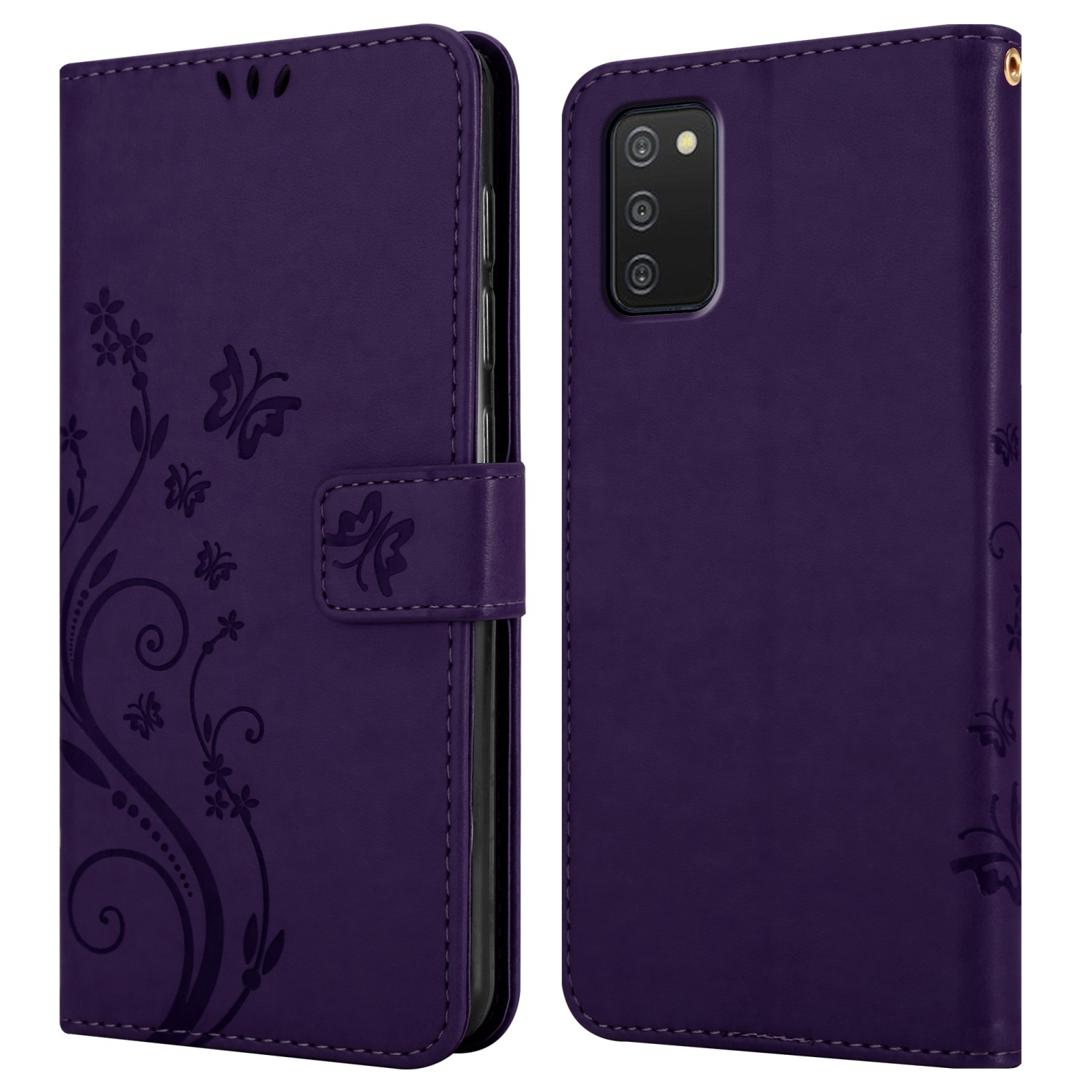 Custodia per telefono viola con design floreale. È aperta, mostrando l'interno e il contorno del telefono.