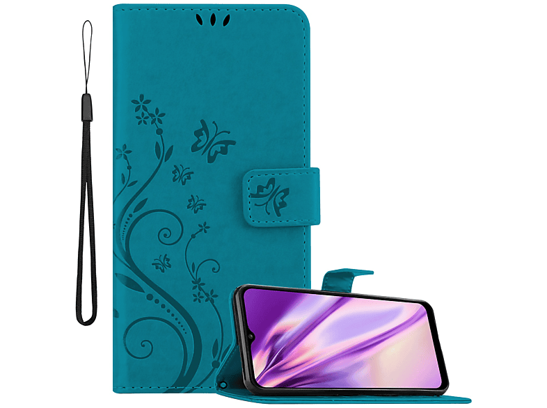 Muster Hülle Samsung, Bookcover, BLAU Flower CADORABO FLORAL Galaxy Case, Blumen A03s,