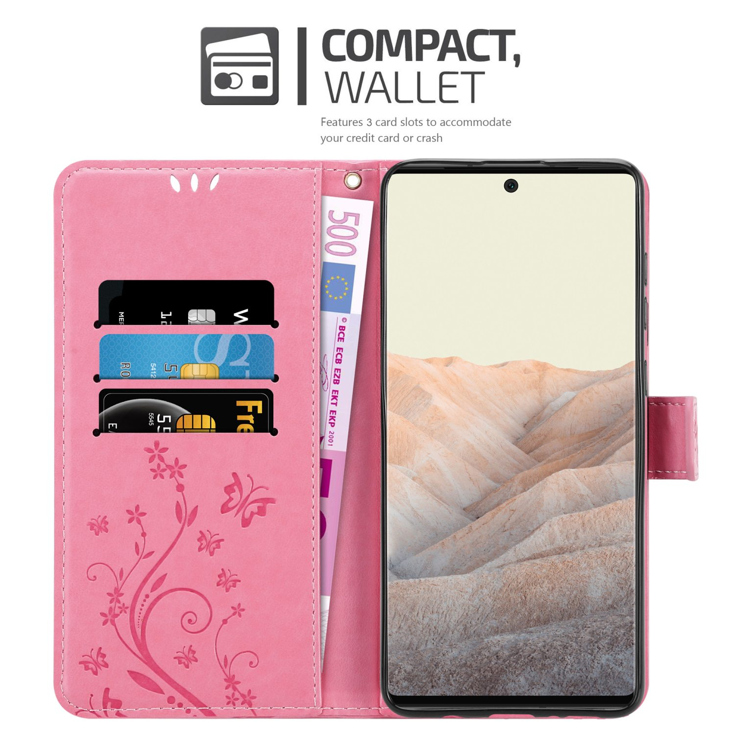 Custodia rosa con carte e telefono. Ha un design floreale e uno schermo del telefono di colore chiaro.