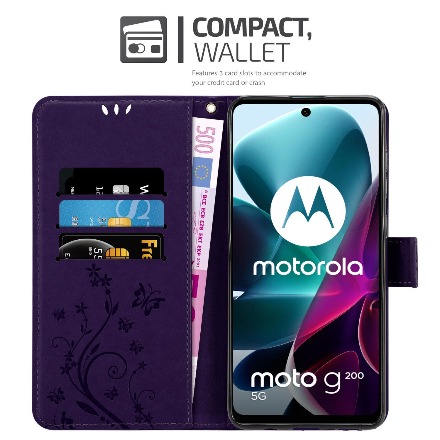 Custodia a portafoglio per telefono viola con carte e telefono. Presenta un design floreale, banconota da 500 euro e telefono Motorola.