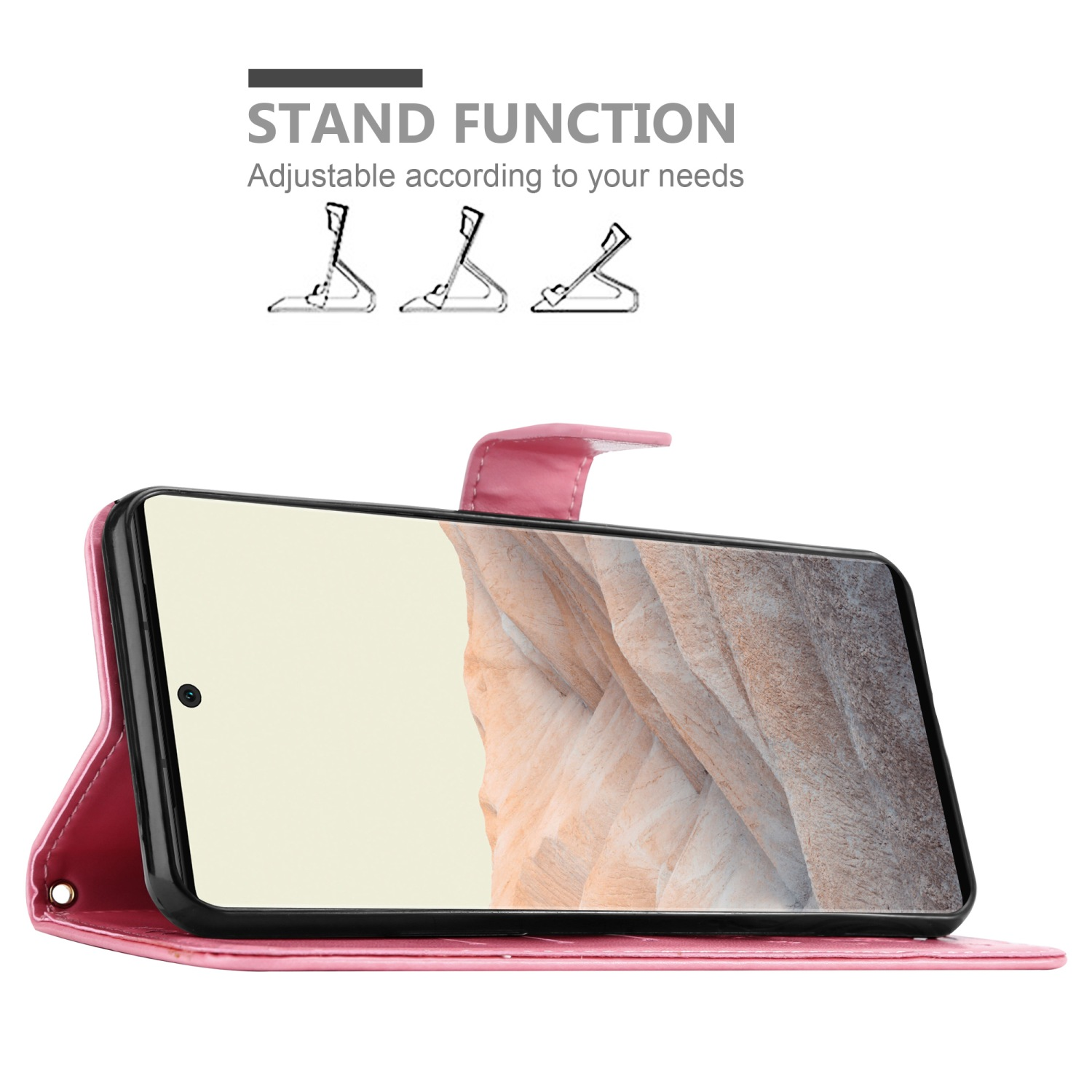 Una custodia rosa con un telefono e la funzione stand. Supporto regolabile in base alle tue esigenze.