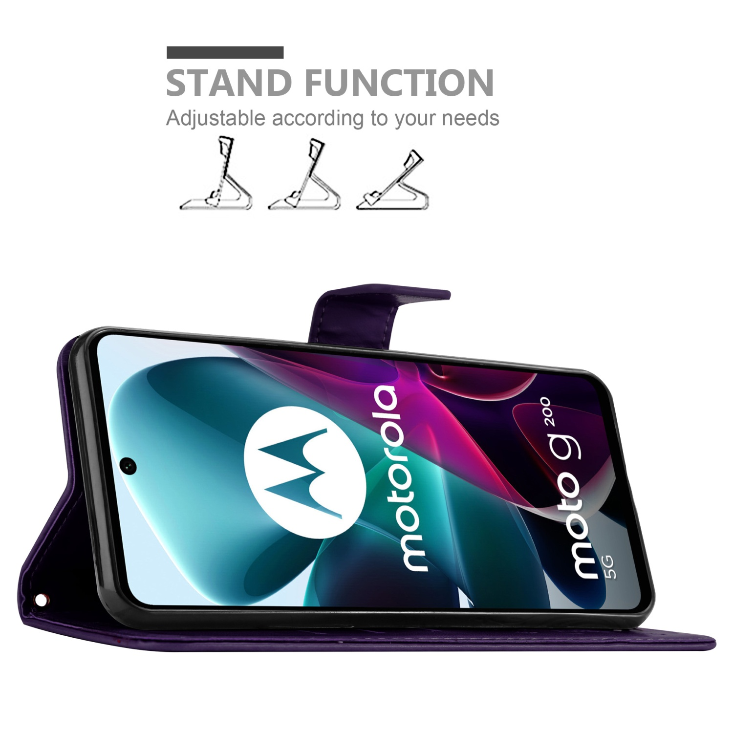 Custodia per telefono viola, aperta. Telefono con logo Motorola. Testo: Funzione supporto.