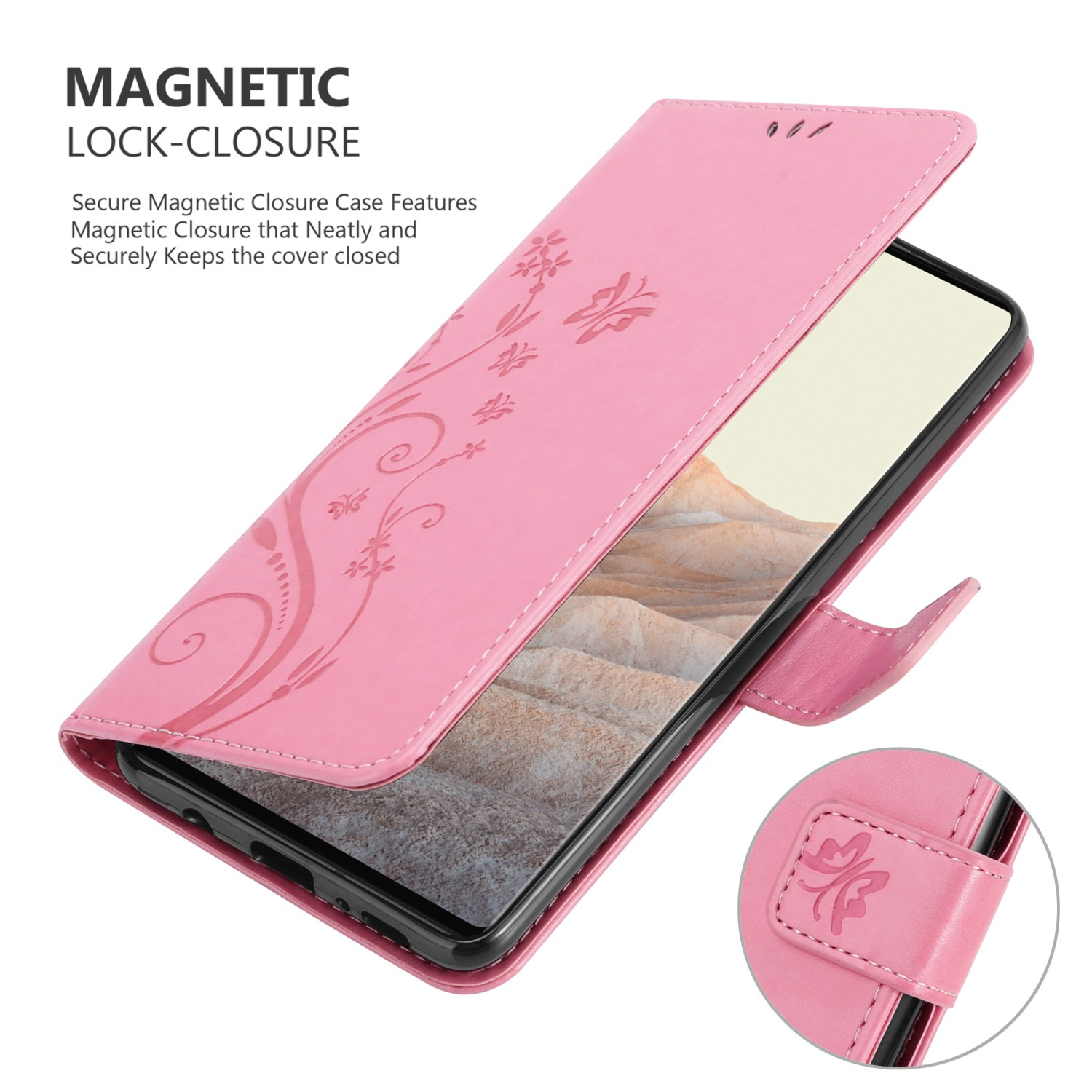Custodia rosa per telefono con design floreale e chiusura magnetica. Testo: La chiusura magnetica protegge la cover.