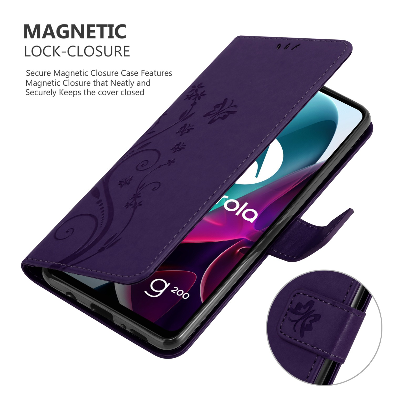Custodia per telefono viola aperta, che mostra lo schermo. Design floreale. Chiusura magnetica.