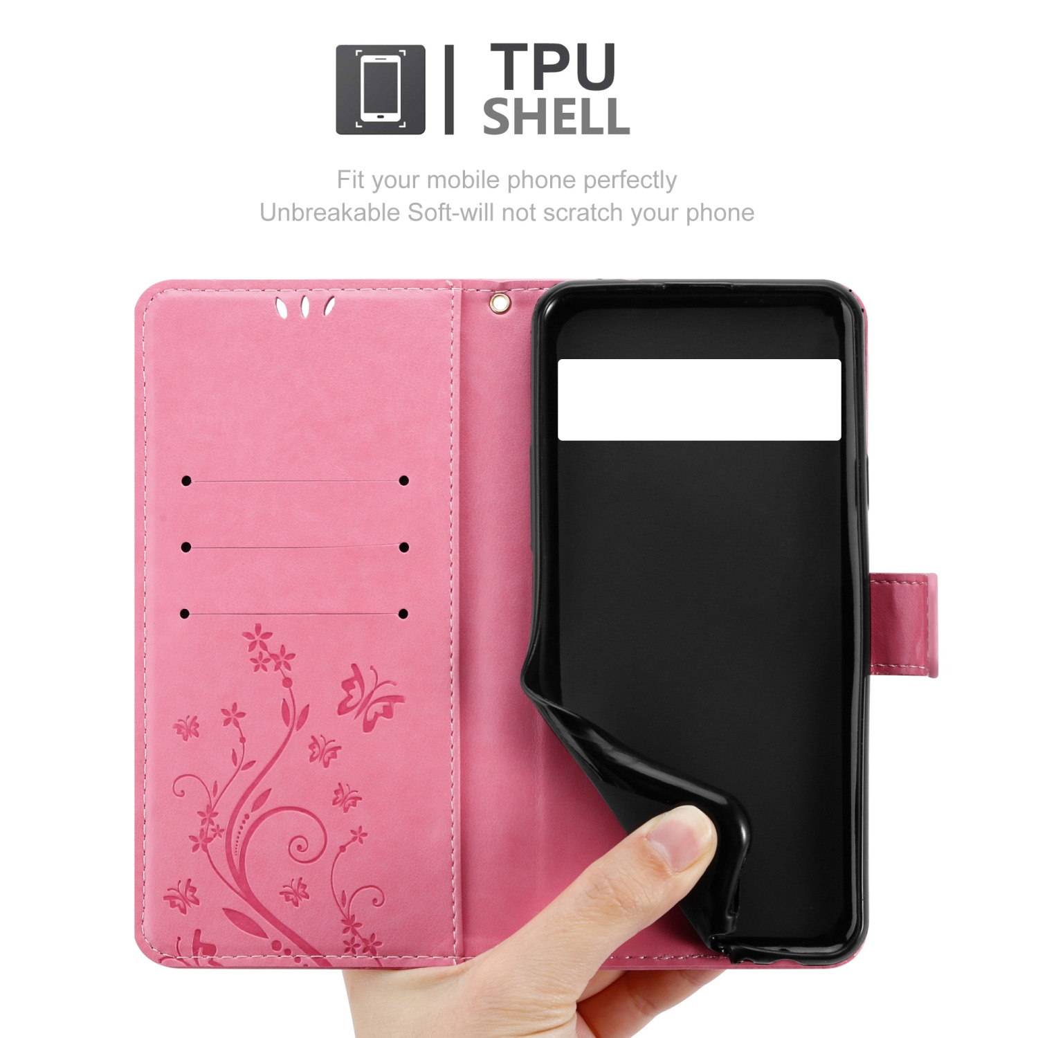 Custodia per telefono rosa, aperta per mostrare un telefono e fessure. Testo: Guscio in TPU.